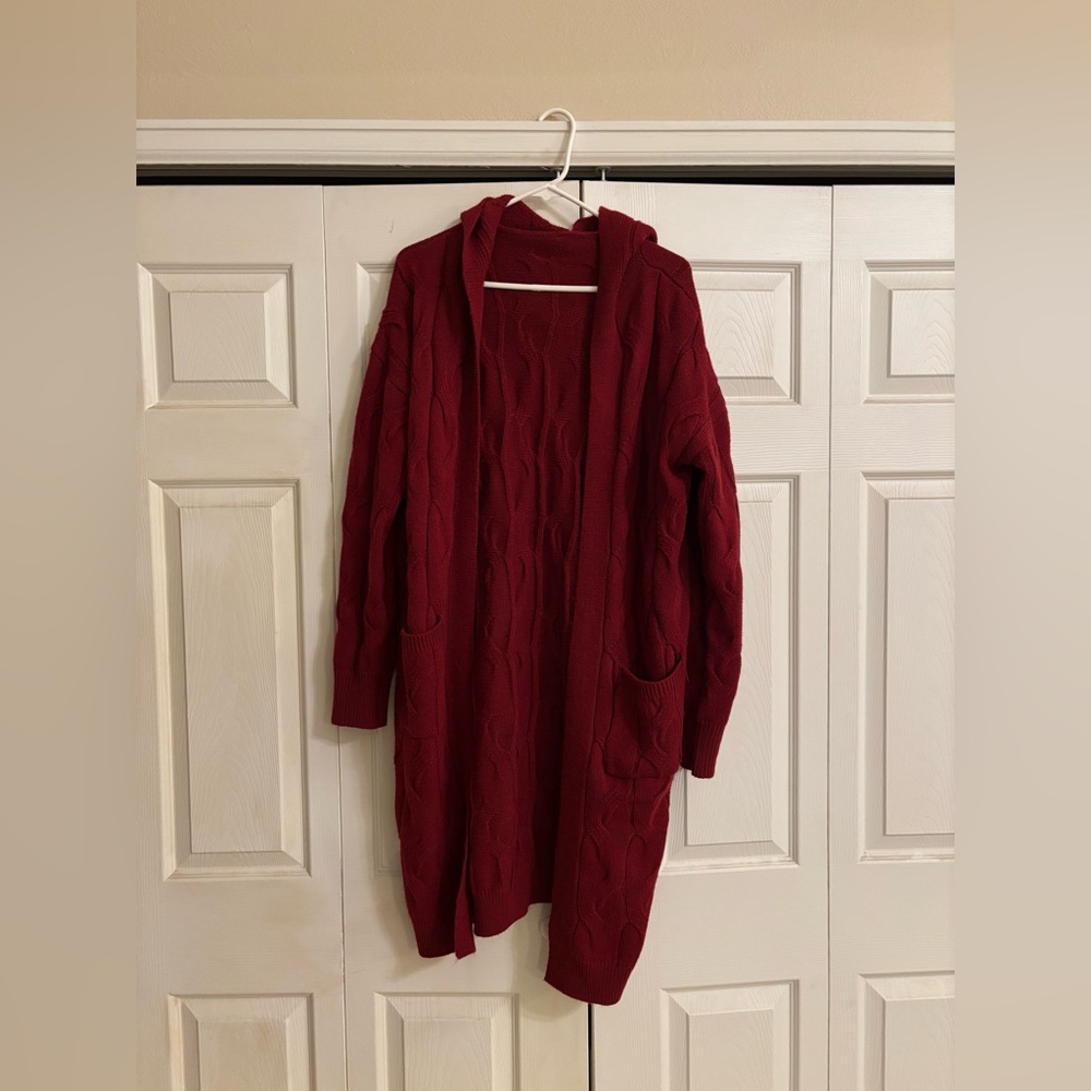 Women's Red Cable Knit Long Cardigan